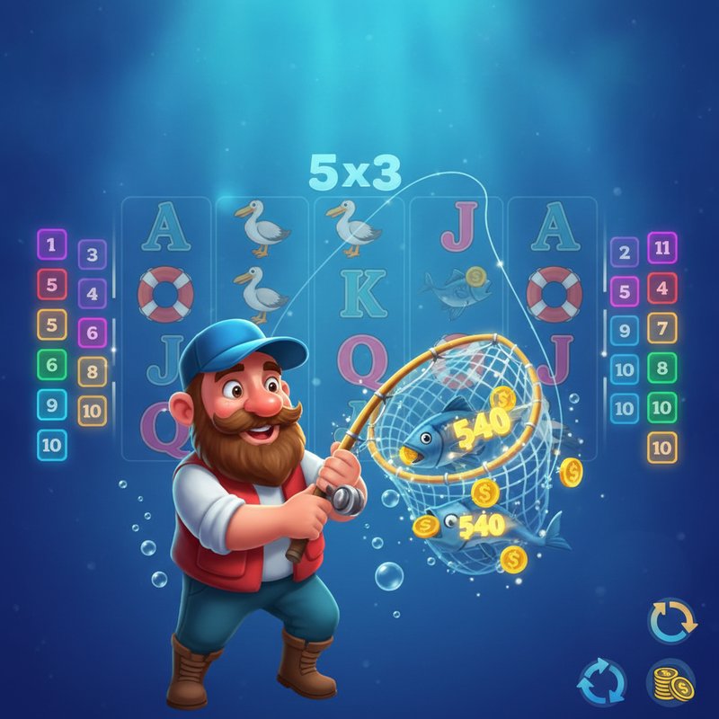 Fishin Frenzy free spins round with fisherman wild catching fish prize values from the reels