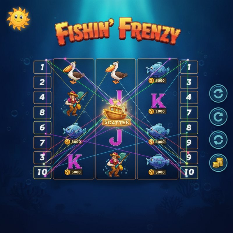 Fishin Frenzy gameplay showing active coloured paylines across the five-reel three-row grid