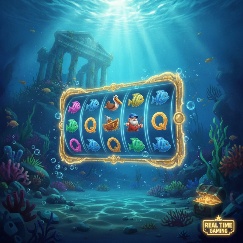 Fishin Frenzy slot main game screen with underwater ocean background and reels showing pelican, boat scatter, and card symbols