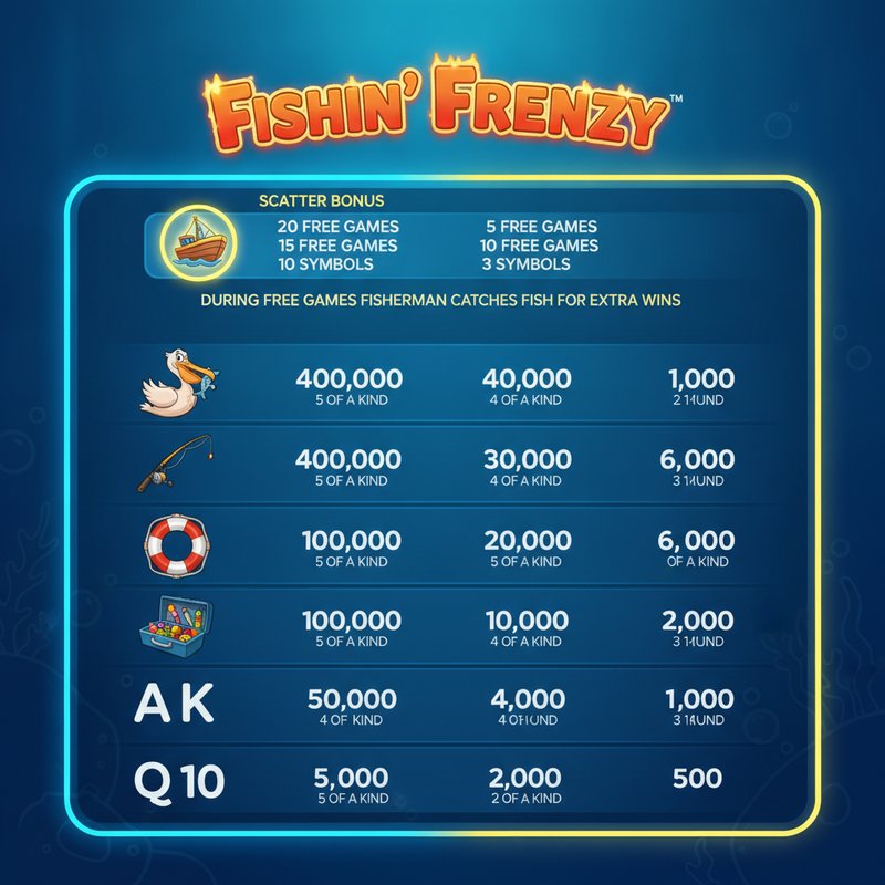 Fishin Frenzy paytable showing pelican, fishing rod, life preserver, tackle box, and card symbol payouts